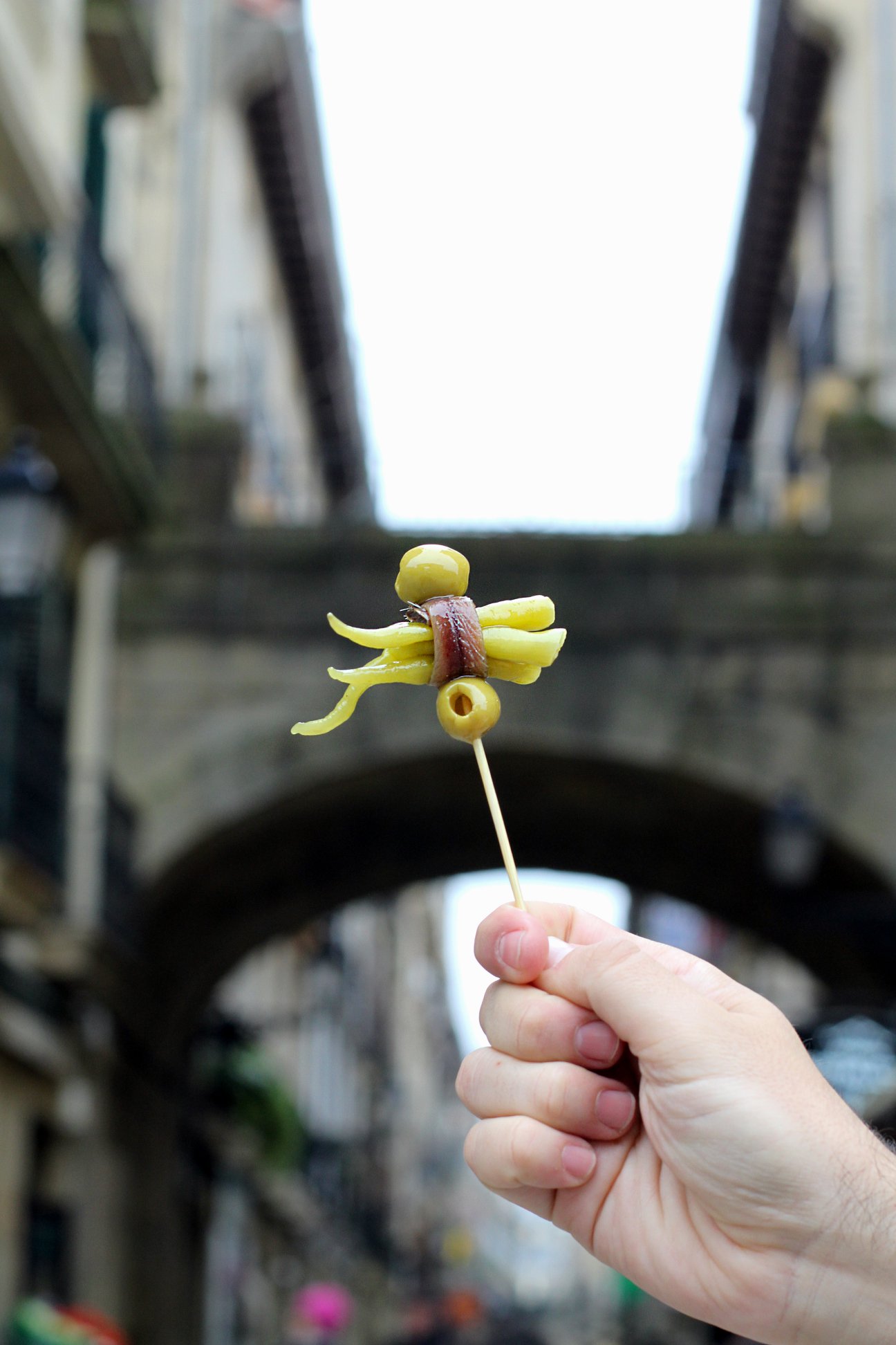 Gilda pintxo held up in San Sebastián Old Town